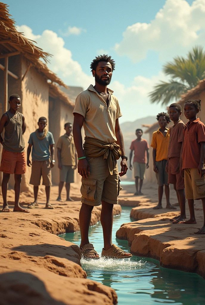 : "An inspiring scene where the young man is supervising the digging of wells and water storage systems. Show the wells filled with water, and the villagers now starting to appreciate the young man’s efforts as they see the benefits."
