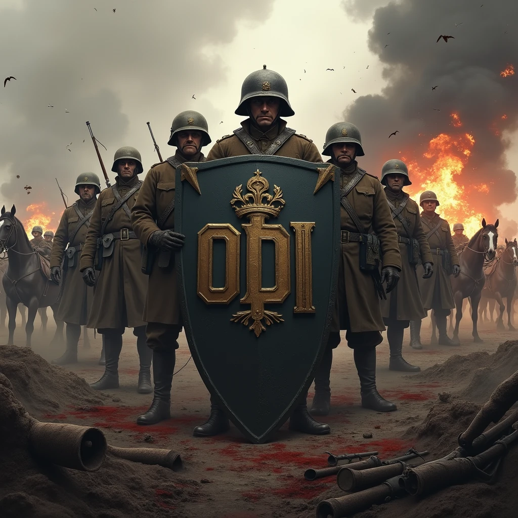 Shield with the name ODI in capital letters, in a war environment with soldiers from the First World War behind, horses and weapons, blood and explosions