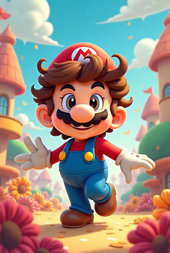 create a drawing of a mario bros style game character with curly brown hair, brown eyes and white skin/curtain