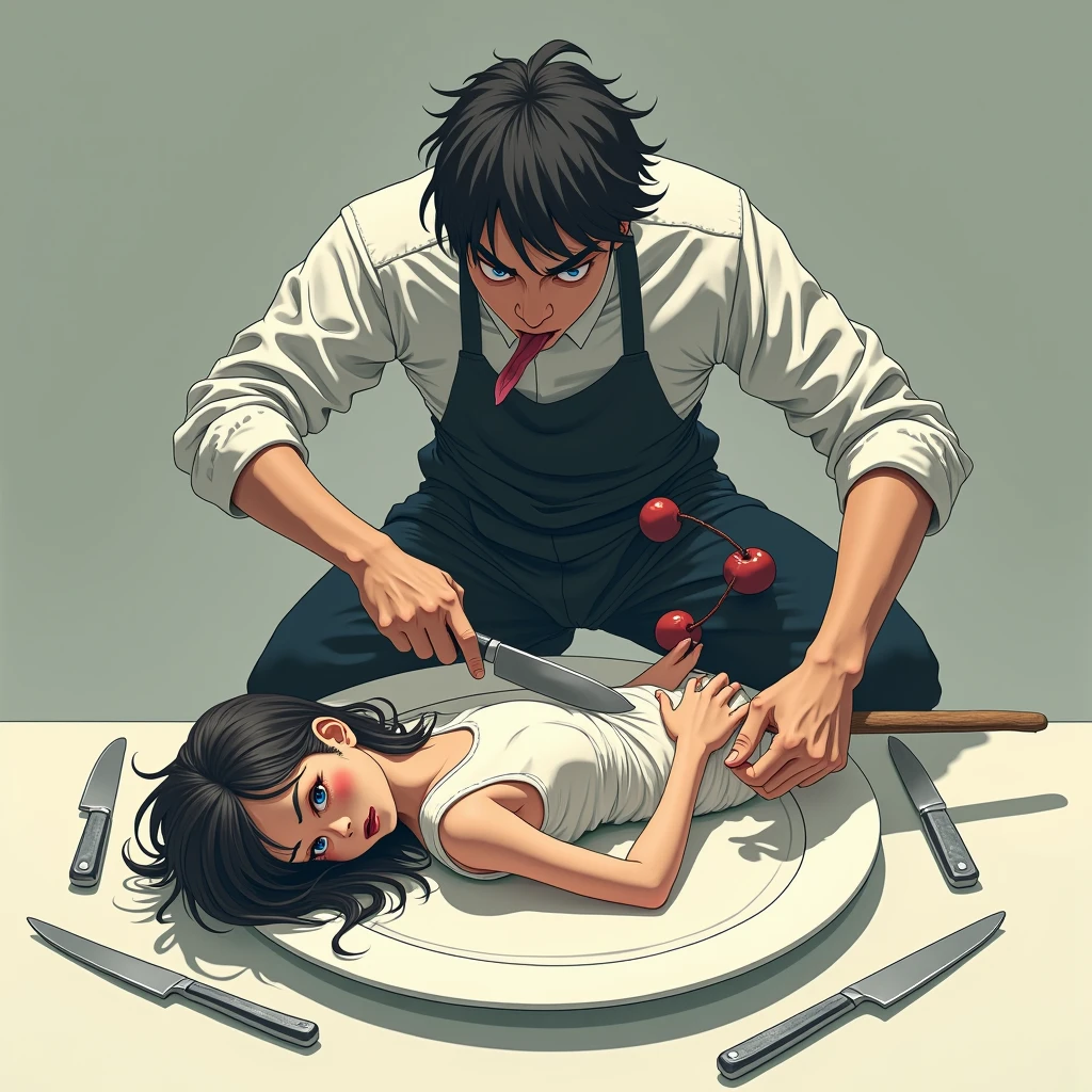 A girl lies on a large plate, and next to the plate stands a guy in a chef’s apron, sharpening knives and licking his lips in anime style