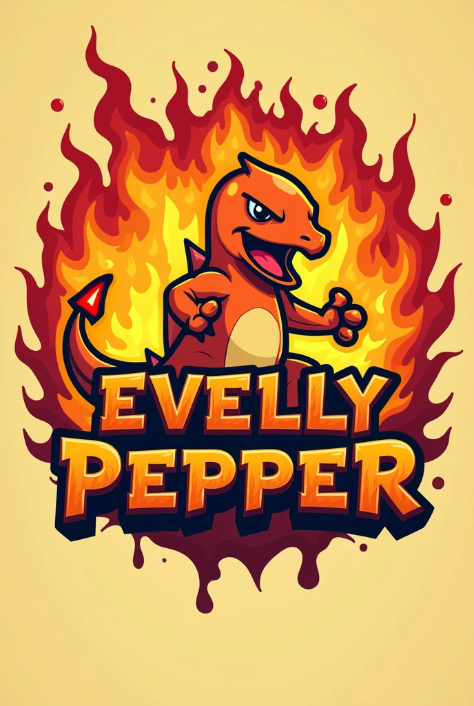 Make a logo for a spicy snack brand with a mascot that will be a very explosive Charmander. The brand name will be Evelly Pepper. Put that in the logo.
