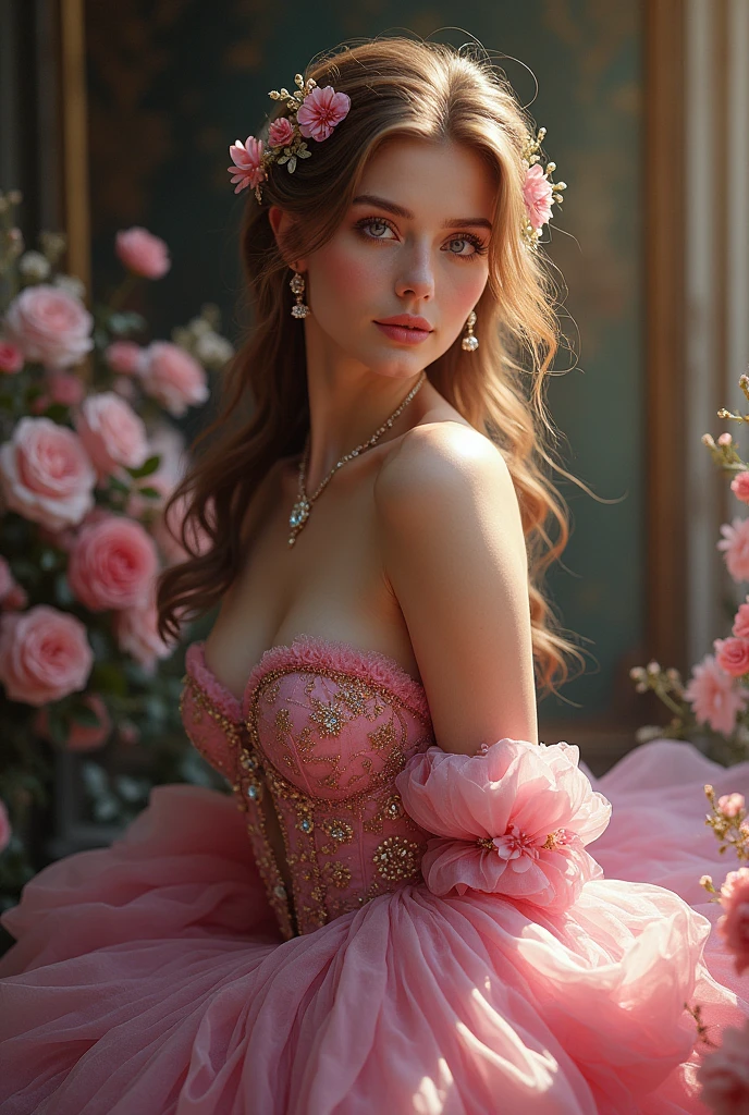 (Best quality,8K,A high resolution,Masterpiece:1.2),Ultra-detailed,(Realistic,Photorealistic,photo-realistic:1.37),Portrait,Creative style artwork,Historical,classical,Sophisticated,plethora of colors,Highly detailed,Soft lighting,luxurious environment,detailed gown,Vibrant flowers,detailed jewellery,Ethereal atmosphere,Elegant Pose,Graceful curves,Gold body proportions，Flowing hair,Breathtaking textile patterns,Harsh purple eyes,Delicate floral decoration,A dazzling array of crystal accessories,Mysterious and dreamy atmosphere,Impeccable attention to detail.
