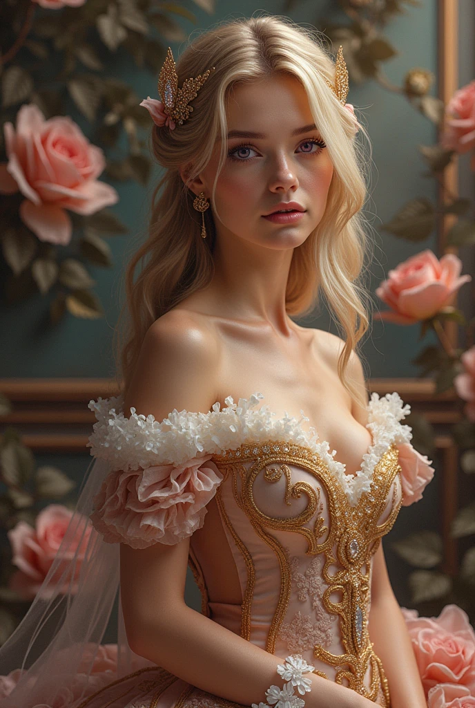 (Best quality,8K,A high resolution,Masterpiece:1.2),Ultra-detailed,(Realistic,Photorealistic,photo-realistic:1.37),Portrait,Creative style artwork,Historical,classical,Sophisticated,plethora of colors,Highly detailed,Soft lighting,luxurious environment,detailed gown,Vibrant flowers,detailed jewellery,Ethereal atmosphere,Elegant Pose,Graceful curves,Gold body proportions,Flowing hair,Breathtaking textile patterns,Harsh purple eyes,Delicate floral decoration,A dazzling array of crystal accessories,Mysterious and dreamy atmosphere,Impeccable attention to detail.