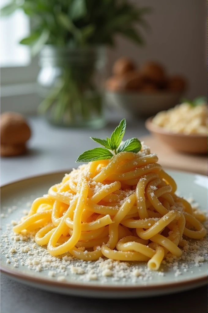 Pasta with phyllo sauce sitting on the kitchen counter 