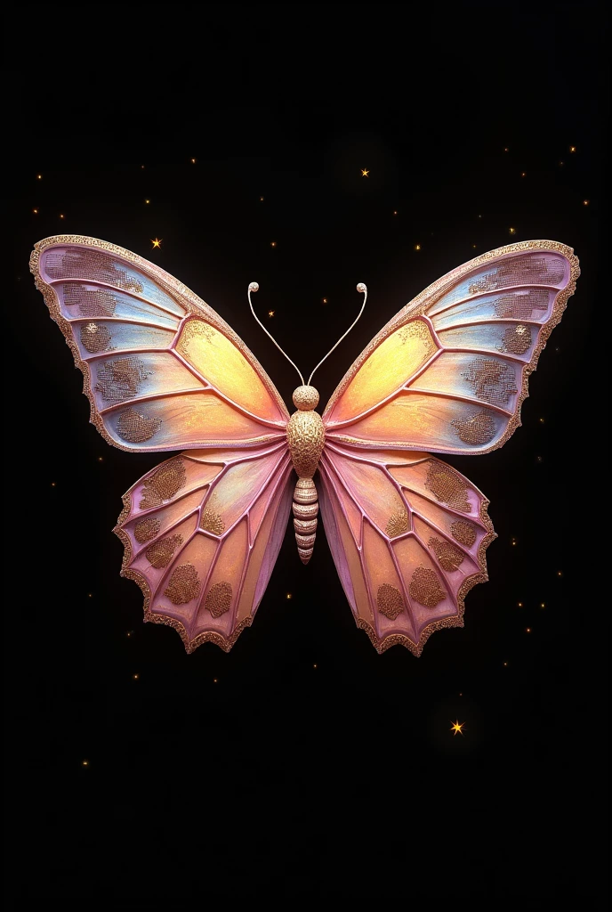 Completely black background with a butterfly in the middle of the screen, with colors in combination with pale pink and gold, iridescent and mythical art style, that has hidden details within the structure of the drawing referring to a parrot, a sea turtle and a musical note