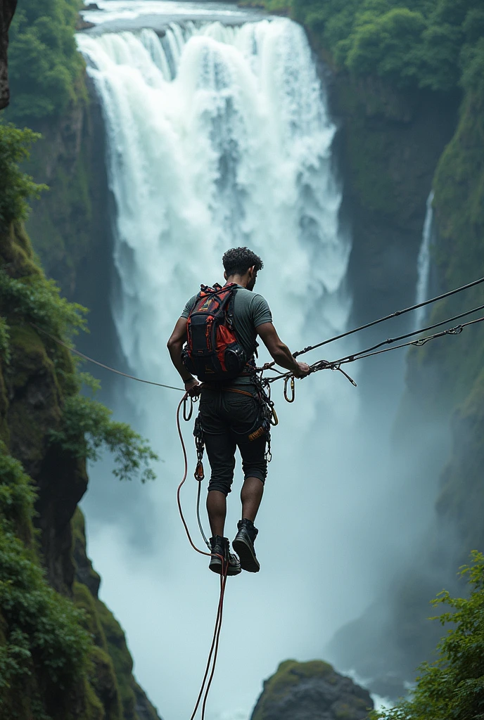 Man make zip line in waterfall
