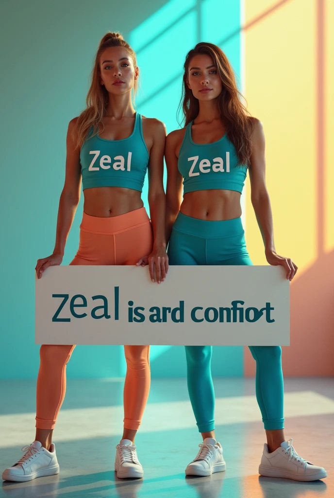 women wearing a basic fitness look with a print on the top that says zeal, holding a banner that says zeal is style and comfort