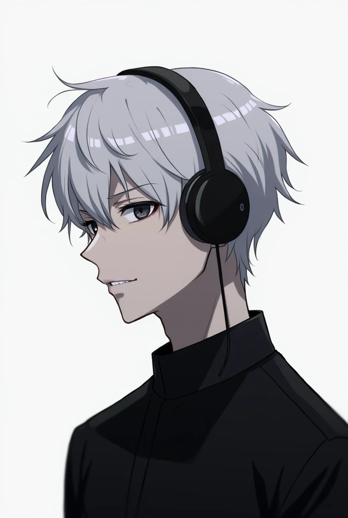 Make a male anime profile picture white hair black eyes black shirt black headphones short hair 