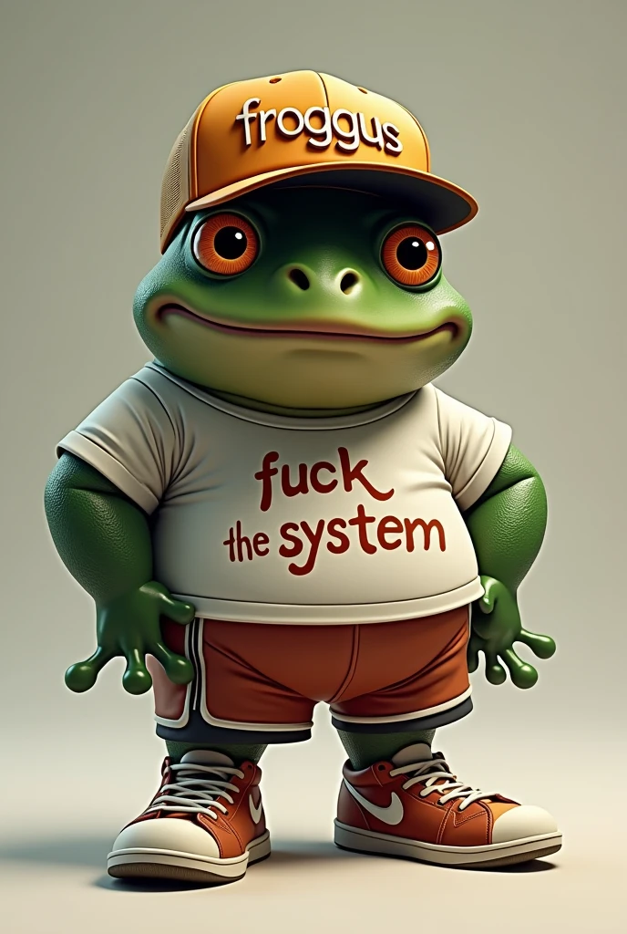 a black-skinned, humanoid frog, wearing a cap with 'Froggus' engraved in high relief, a T-shirt with the phrase 'Fuck The System' written on it, shorts and sneakers. Furthermore, the frog is chubby and a basketball fan