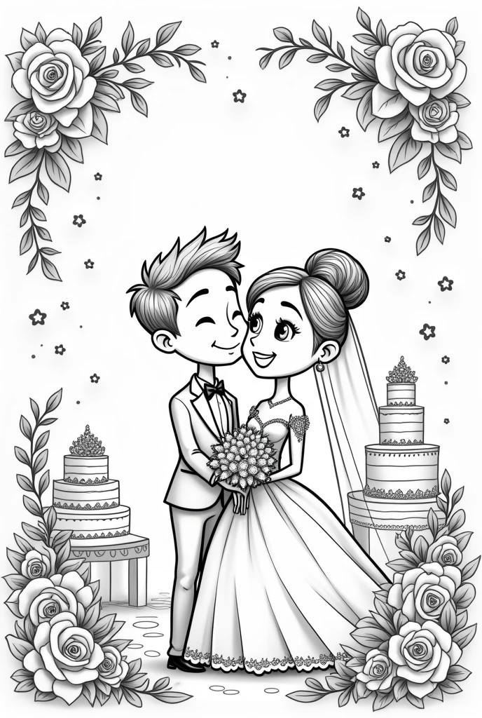 A line art for a children's coloring book with a Pixar-style wedding theme, from a wedding invitation full of details