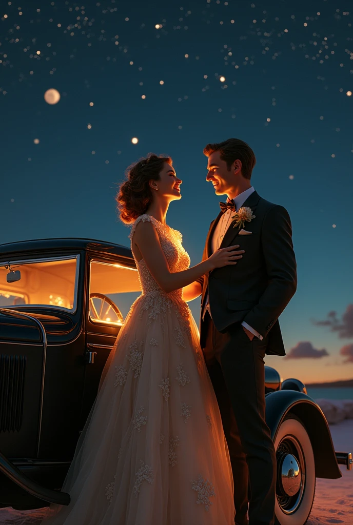 White woman with brown hair, in a ball gown next to a man in a suit. The woman points the stars to the man. The sky must be starry. They must be in a fancy old black car. Laughing they are. It takes place in a richer time, chic and old. It must be night. It takes place in 1920