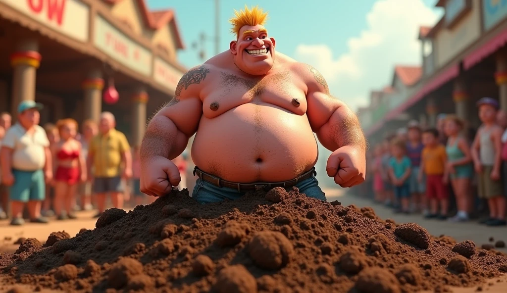 Im Stil von Pixar 3D-Animation filmen (Caricature). A blond man, stocky figure, dirty undershirt, grinning evilly stands out from a large pile of cow dung. People stand around and pay homage to him.