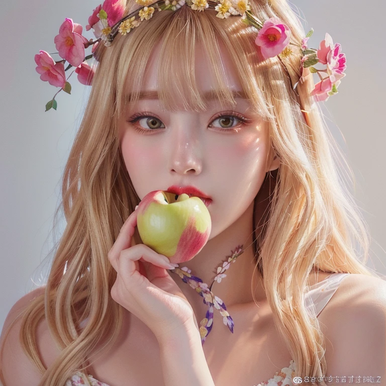 Blonde girl with flower crown eating an apple with petals around her head, guweiz style artwork, beautiful digital artwork, beautiful digital illustration, 4k realistic digital art, 4k realistic digital art, awesome digital illustration, A beautiful artistic illustration., 8K high quality detailed art, beautiful digital art, cute detailed digital art, beautiful digital painting
