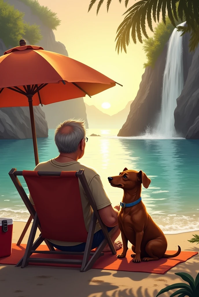 I am a stocky middle-aged man with my caramel hairy dachshund dog looking forward sitting on the beach chair at the waterfall looking at the horizon and with a sun umbrella and a cooler