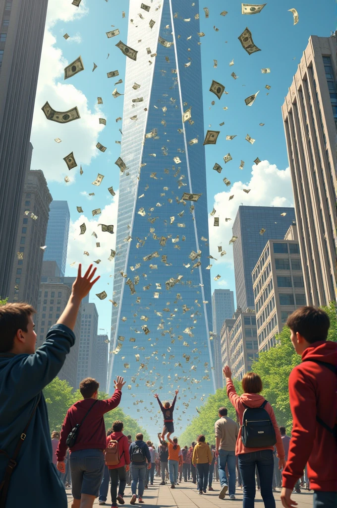 Money flying from the top of a building and people walking below 