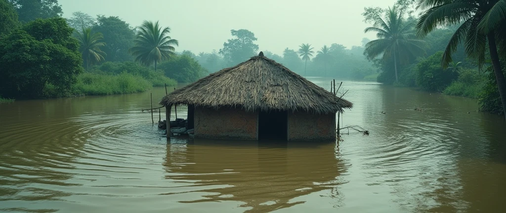 Make an image to save Bangladesh from indian flash flood with an heart touching background where tinshad house flooded till roof  for facebook cover picture