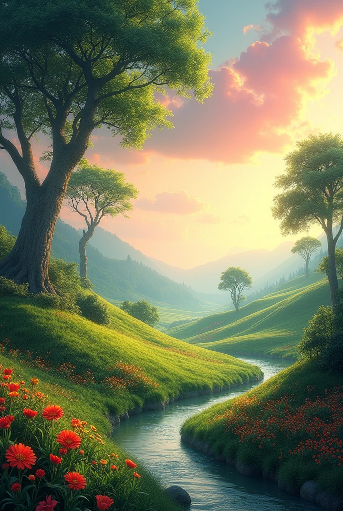 You can make a landscape that has the colors pink, orange and green and red and yellow that is the landscape about a dream and has nature