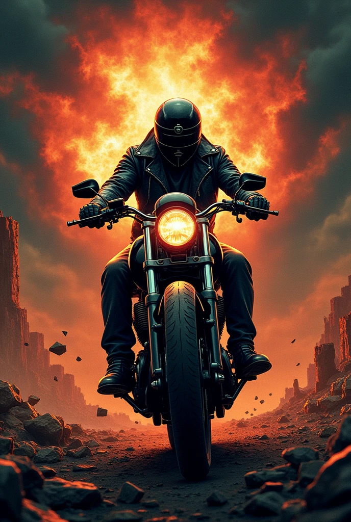 The emblem should include the background with an apocalyptic touch, like a devastated landscape or a stormy sky, and a powerful slogan or inscription that captures the essence of the apocalypse on two wheels. The style must be bold and intense, reflecting the grandeur and impact of the Horsemen of the Apocalypse in a biker version."