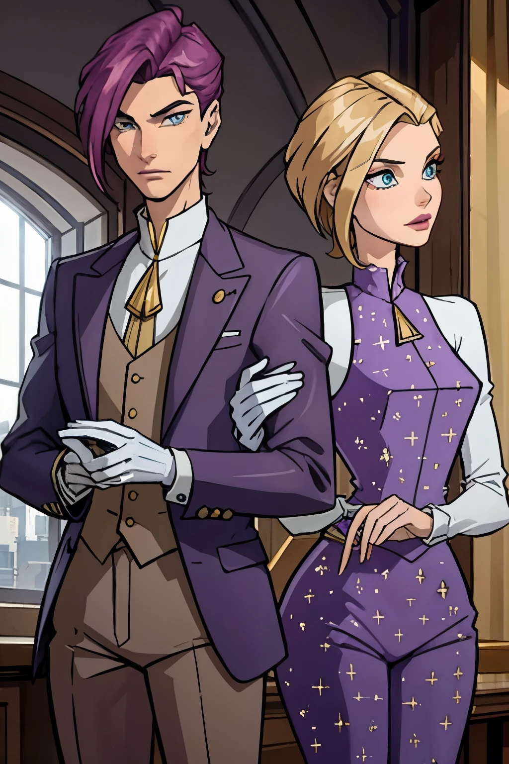 Pale and tall man, Appears to be 30-3. It's been a long time (to the waist) With light blond hair with a golden tint, Thin gray-blue eyes with dark purple eyeshadow and noticeably high cheekbones. His clothes are in Victorian style, old, Long dark burgundy jacket with lavender lining and gold pins on the folded cuffs. Under his jacket he has a purple vest over a white ruffled shirt, Wearing classic purple trousers, In dark blue knee-high boots and gloves of the same color.
