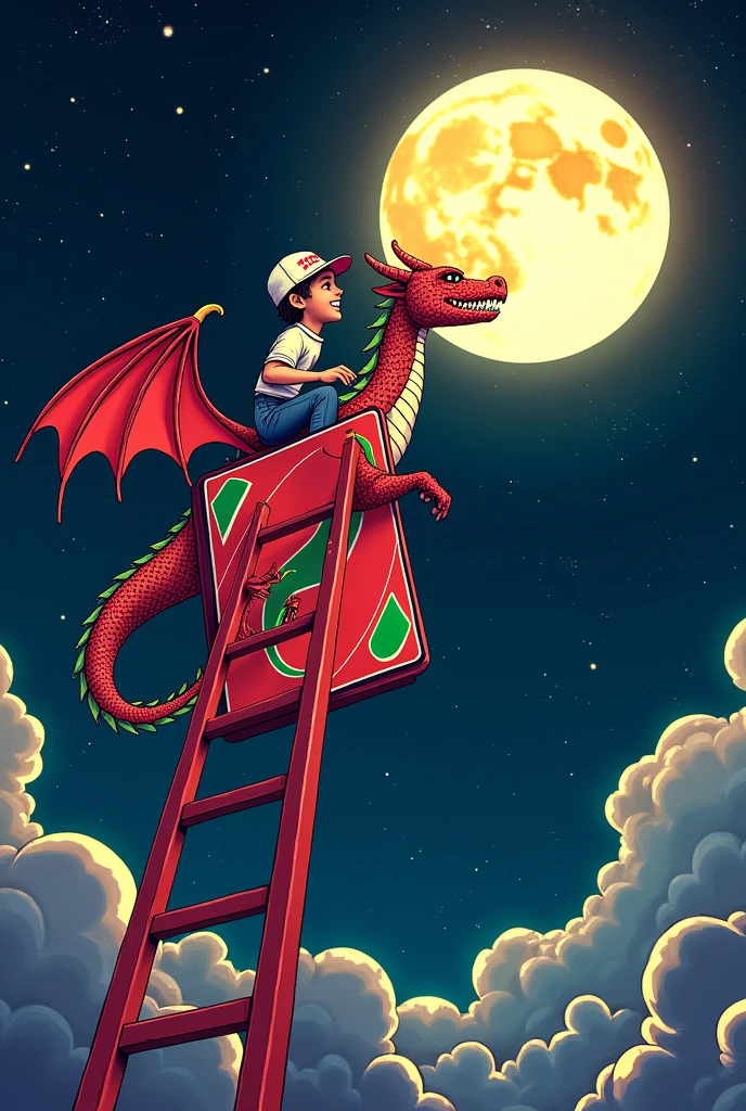 a red UNO with green details with a ladder traveling towards the moon, with a dragon riding and wearing a cap that says Renan gay
