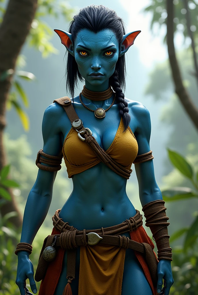 Make an Omaticaya character from the Avatar movie with the following characteristics: female sex, Facial feature: slanted and round eyes, short hair and with her braid of the link, and wears aggressive clothing, Her hair is short and straight down to her neck