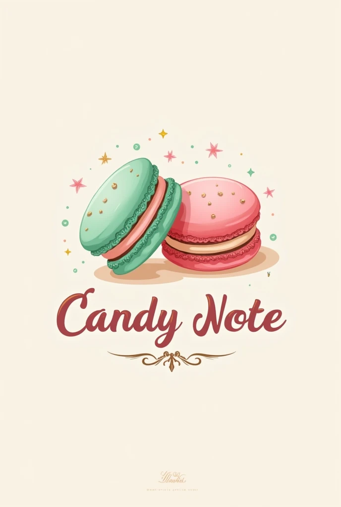 I want a candy store logo. The image must contain macarons in mint green, pink and gold colors, bringing delicacy to the name of the store and sweet harmony.. must have the name of the store