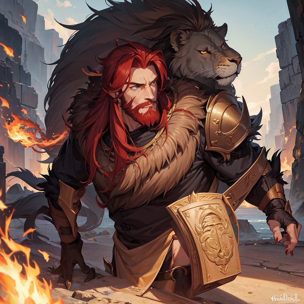 (masterpiece), best quality, expressive eyes, perfect face, aries, beastfolk, werebeast, hot, protector, solider, male, red hair, masculine, guard, anime, humaniod, bara art, beastial humaniod, anime, headshot, no human ears, fire, hairy bearded, warrior, werebeast, massive lion mane, long and massive hair, sharp nails,