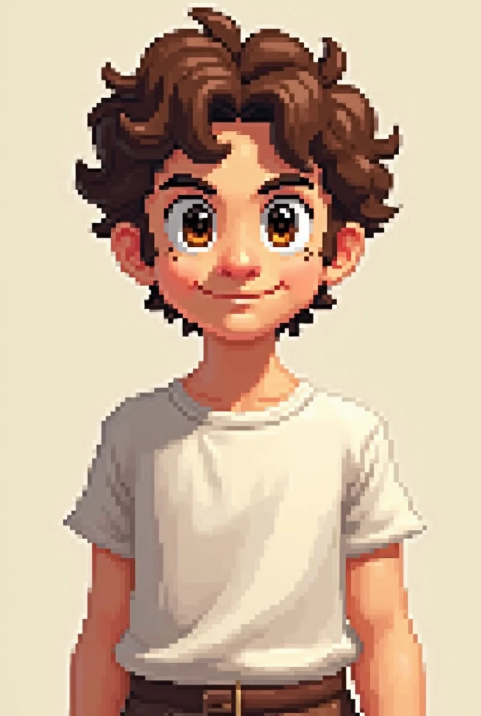 create a drawing of a male mario bros style game character in pixel with curly brown hair, brown eyes and white skin/curtain