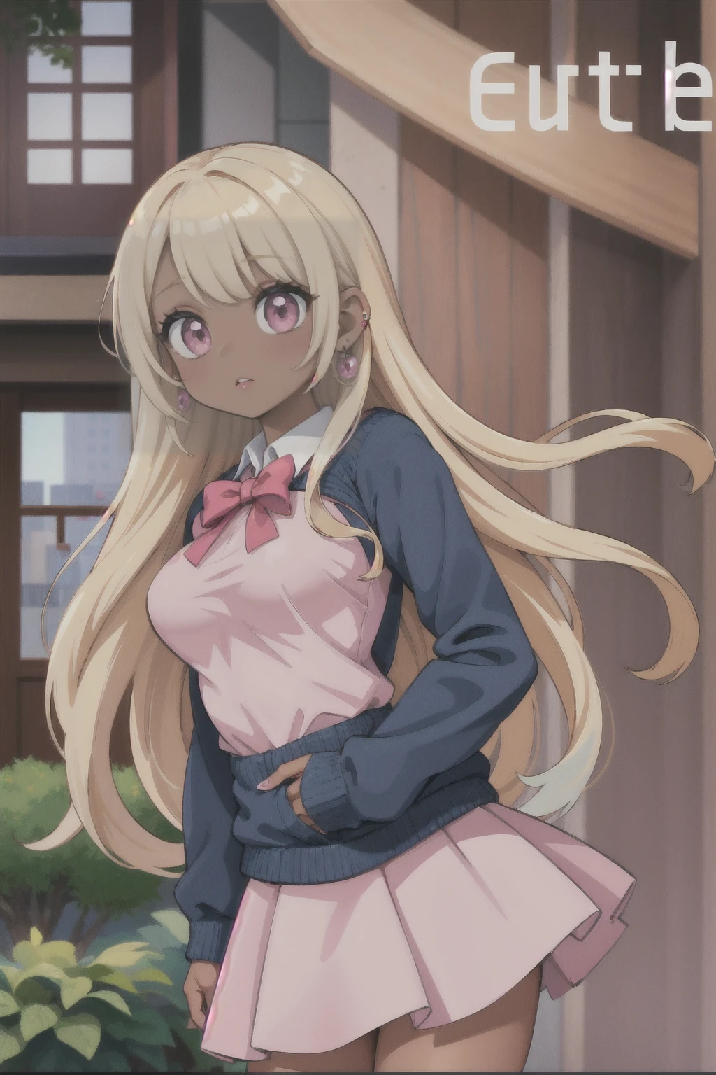 (masterpiece, best quality), 1girl, nude, Miss, Tall, Fit, Square Face, Dark Skin, blonde Hair, pink Eyes, Straight Nose, full Lips, Receding Chin, Long Hair, Wavy Hair, gyaru hair, full breasts, earrings, lipstick, gyaru, gyaru loose school clothes,