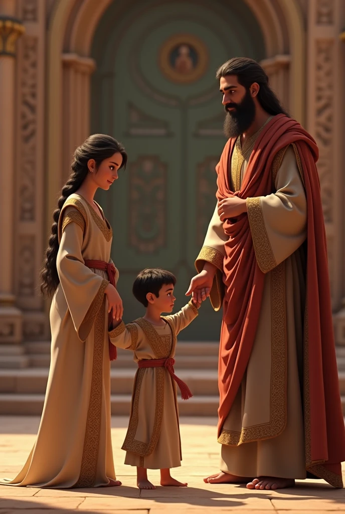 Israelite mother presenting her Israelite son in robes to an Israelite priest all in fine and elegant robes animated