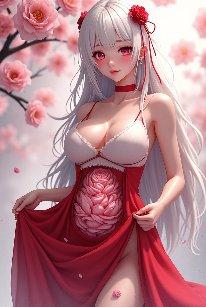 Draw a beautiful albino white sakura having sexy very much larger and wider rose like layered wet pink pussy ( vagina ) , pushing the skirt up, wearing a red tunic torn from center, sexy, perfect tits, perfect face, dressed up modernly, instagram, 16:9 size, highly detailed face, perfect face, ultra white skin, highly textured realistic anime, visible perfect waist, boobs covered with clothes