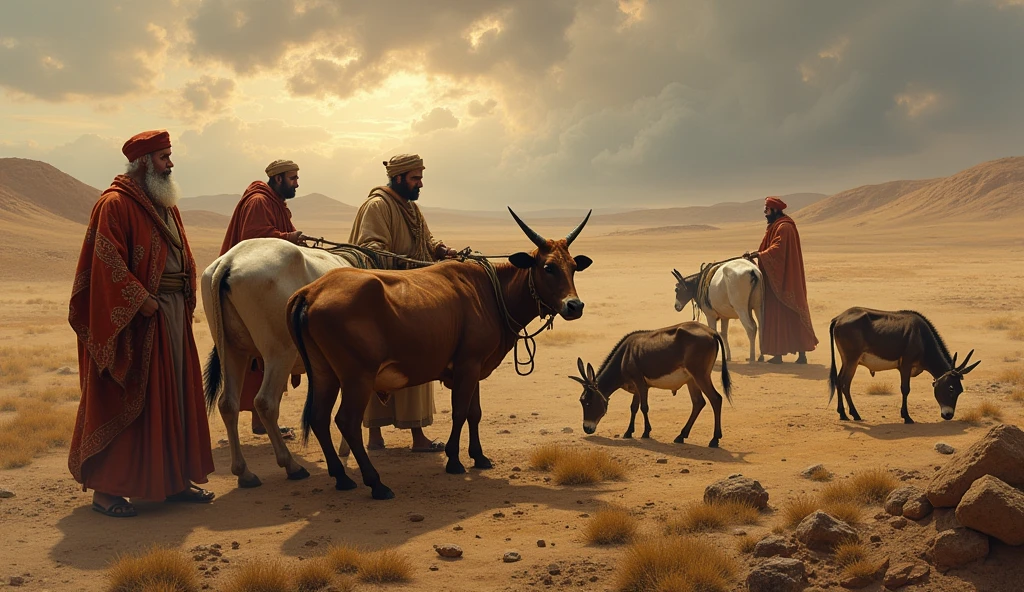 oxen plowing the land and donkeys grazing image in the style of the story of Job from the Bible