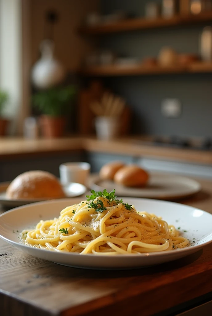 The pasta with phyllo sauce sitting on the kitchen counter was made at night
