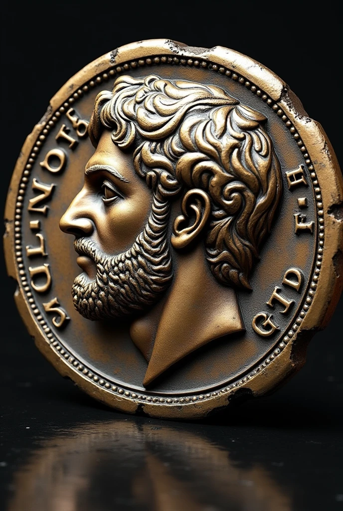 "Create an ancient coin featuring the profile of Julius Caesar, similar to Roman coins from antiquity. On the opposite side of the coin, include the image of a dog in a dignified pose, as if it were a revered symbol. Around the edge of the coin, inscribe the word 'Animalandia' in a style reminiscent of ancient Roman inscriptions. The coin should have a weathered, aged appearance, with detailed engravings and a realistic metallic texture."






