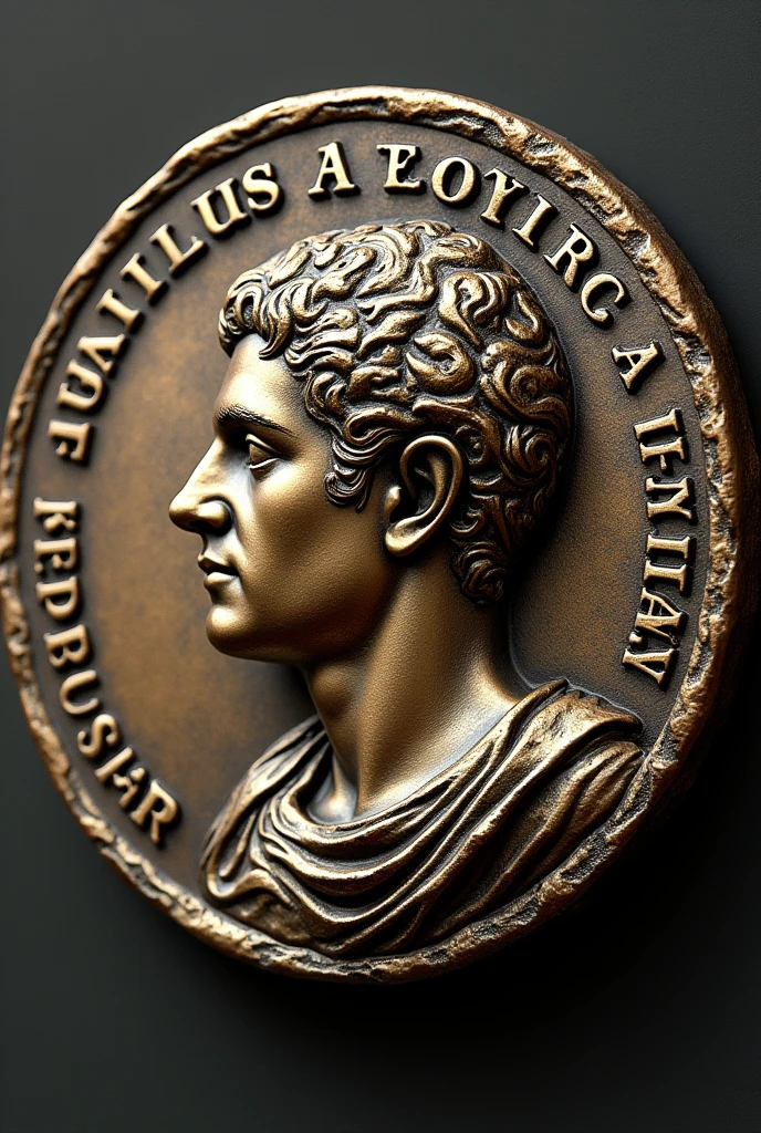 "Create an ancient coin featuring the profile of Julius Caesar, similar to Roman coins from antiquity. On the opposite side of the coin, include the image of a dog in a dignified pose, as if it were a revered symbol. Around the edge of the coin, inscribe the word 'Animalandia' in a style reminiscent of ancient Roman inscriptions. The coin should have a weathered, aged appearance, with detailed engravings and a realistic metallic texture."






