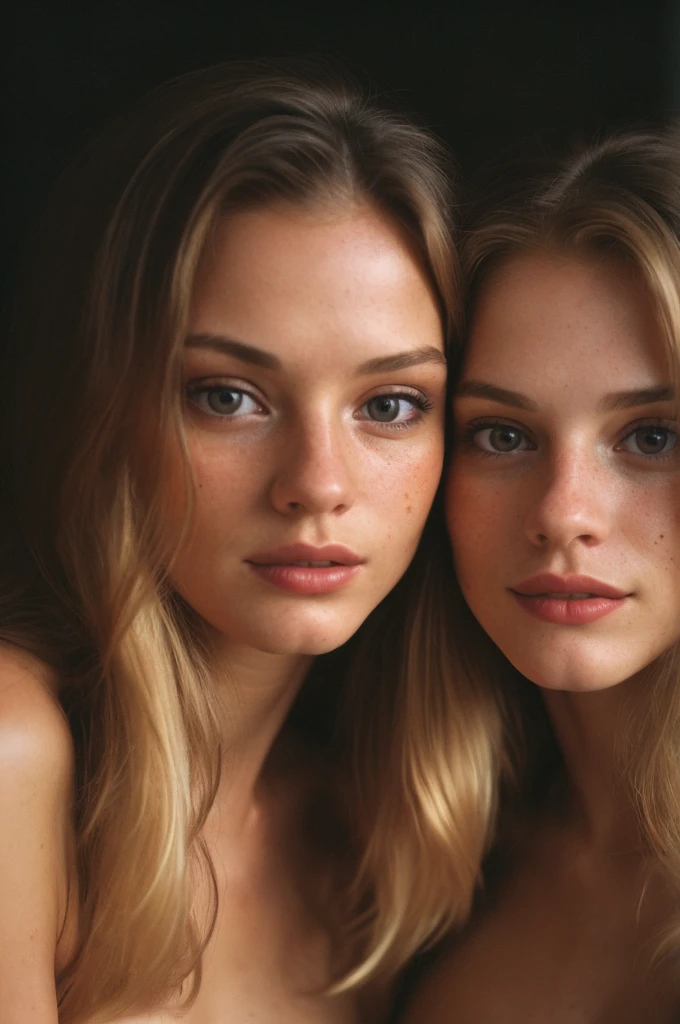 (close-up, editorial photograph of a 2 woman), (highly detailed face:1.4) (smile:0.7) (background inside dark, moody, private study:1.3) POV, Leica M6, film stock photograph , kodak portra 400, warm colors ,hyper realistic ,lifelike texture, dramatic lighting , full body, fully nude, blonde