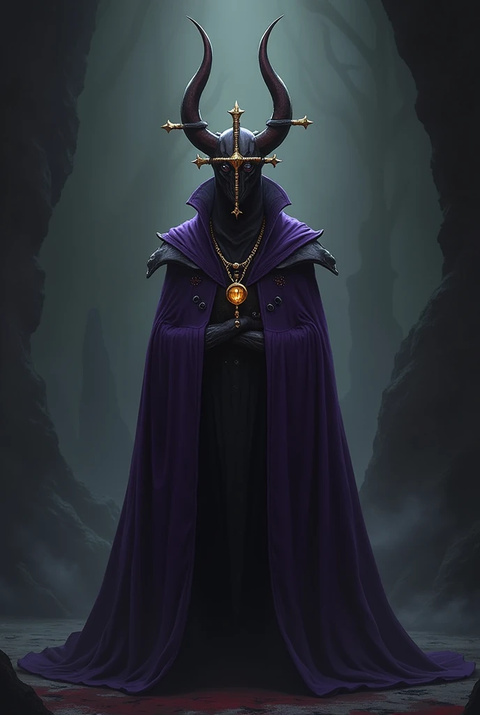 OC Hollow knight, with cross-shaped horns, At the bottom of the head some mini horns, with a gold-colored necklace holding the purple cape