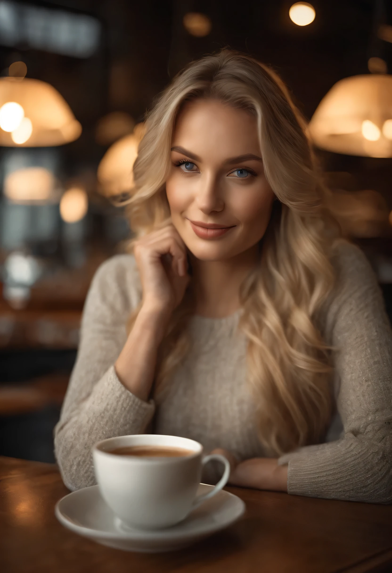 Beautiful blonde wearing beige sweater (drinking coffee in a modern cafe at sunset), very detailled, 30 years old, inoccent face, natural wavy hair, blue colored eyes, high resolution, work of art, best qualityer, details Intricate, highy detailed, sharp focus, skin detailed, realisitic skin texture, texture, detailedeyes, proffesional, 4K, charming smile, shot in Canon, 85mm, Shallow depth of field, Cores Kodak Vision, perfect shape body, extremely detaild, photoshot_\(ultra\), photorealisitic, realisitic, Post-processing, Maximum details, roughness, real-life, ultra realisitic, photoshotrrealismo, photoshotgrafia, 8k hd, photoshotgrafia