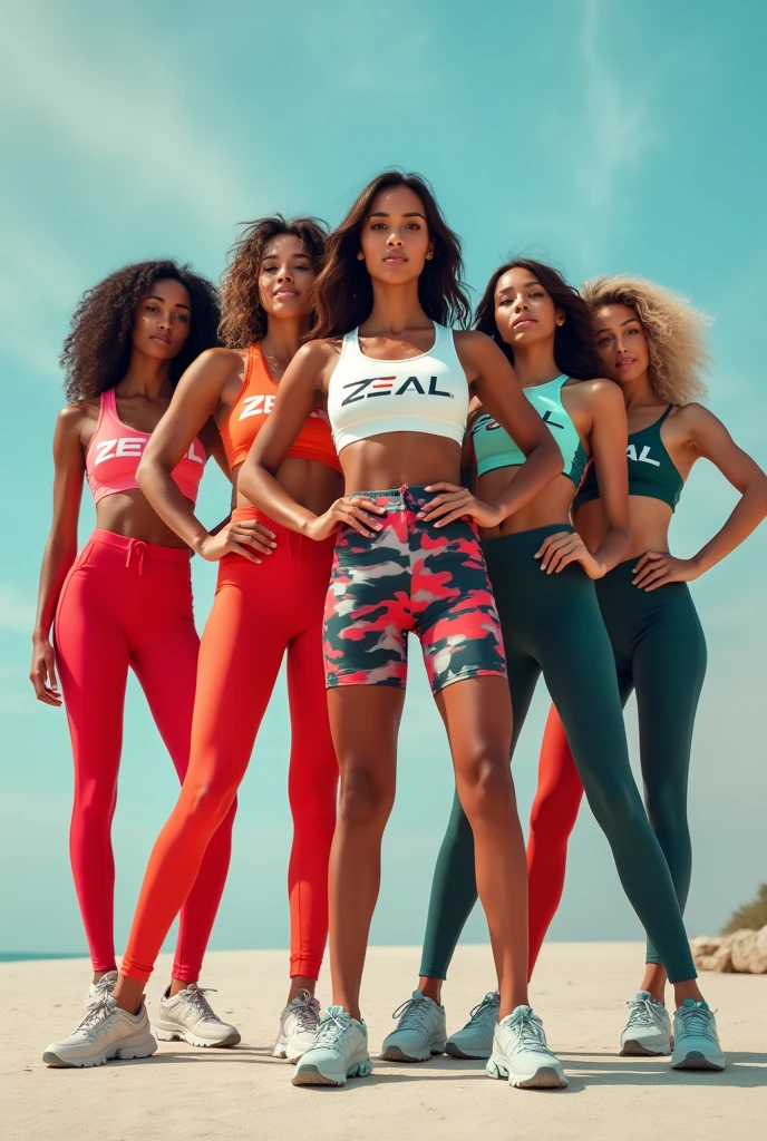 women wearing a basic fitness look with a print on the top written zeal, holding a banner written in English zeal is style and comfort