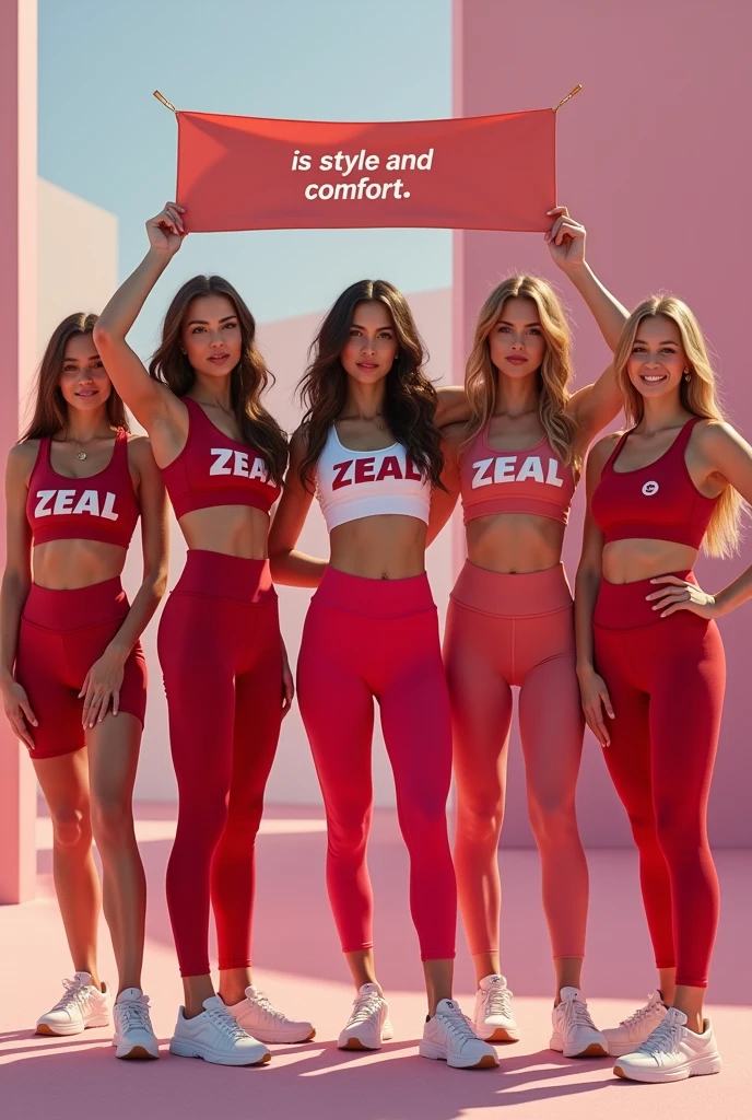 women wearing a basic fitness look with a print on the top written zeal, holding a banner written in English zeal is style and comfort