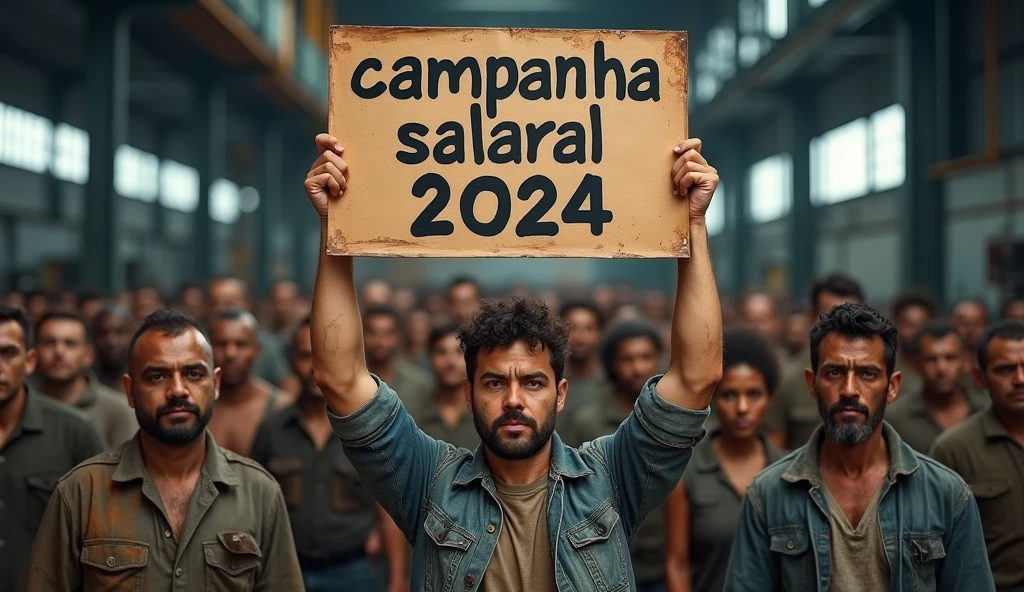 A high-quality Canon DSLR photo of Brazilian metalworkers, men and women, standing firm in front of a modern factory. Their skin and clothing are dirty, with smudges of dirt on their faces, arms, and uniforms, contrasting with the crispness of the image. They hold a blue and white "Campanha Salarial 2024" banner in Portuguese, symbolizing their united struggle for better wages. The photo captures the details of their determined expressions and the texture of the dirt on their skin.