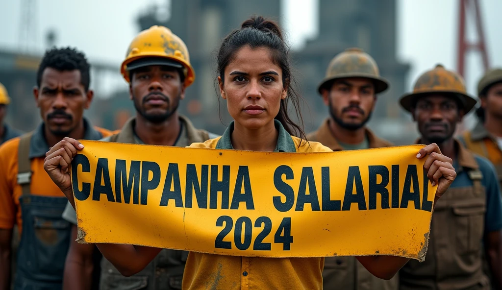 A detailed Canon DSLR photograph of Brazilian metalworkers, both men and women, standing strong in front of a modern factory. Their uniforms and skin are visibly dirty, with patches of dust and grime on their faces and clothing. They hold a banner reading "Campanha Salarial 2024" in Portuguese. The image is sharp, capturing the grit and determination in their eyes, with the dirt adding to the realism of the scene.