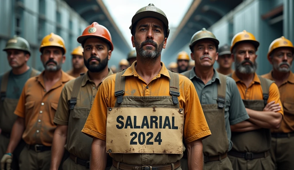 A detailed Canon DSLR photograph of Brazilian metalworkers, both men and women, standing strong in front of a modern factory. Their uniforms and skin are visibly dirty, with patches of dust and grime on their faces and clothing. They hold a banner reading "Campanha Salarial 2024" in Portuguese. The image is sharp, capturing the grit and determination in their eyes, with the dirt adding to the realism of the scene.
