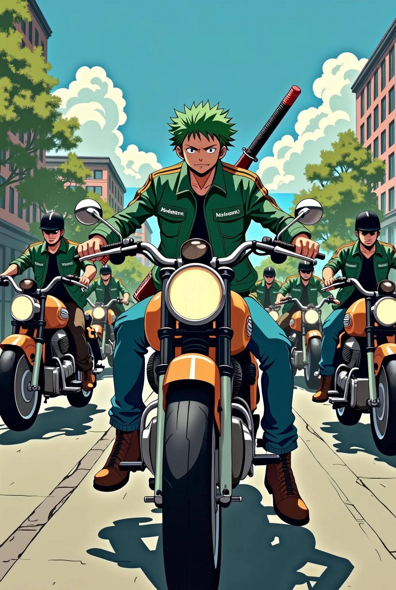 anime one piece zoro rides a step through Honda moped, zoro brings 100 members of his motorbike, all of them wear green motorbike jackets that say MELUNCUR on the front of the Adidas style jacket, wear long jeans, and wear motorbike shoes, all the members are visible Everyone was excited, they were riding in full swing