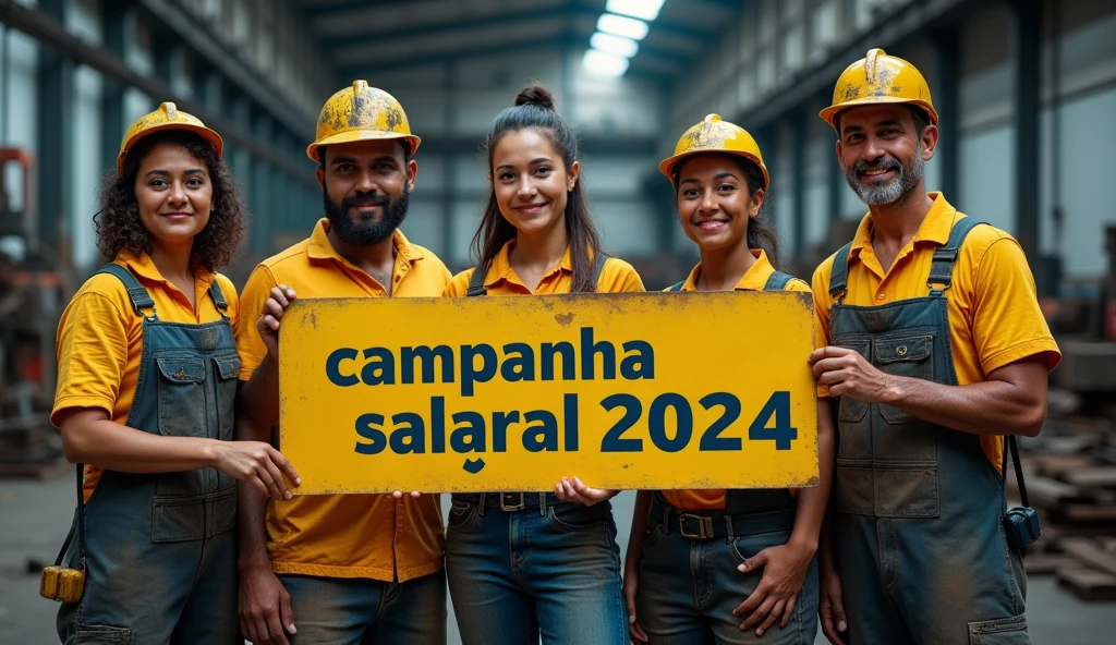 A Canon DSLR-quality photo of Brazilian metalworkers, men and women, standing together before a large modern factory. Their skin and clothing are covered with dirt and smudges, visible in the sharp details of the image. They hold a "Campanha Salarial 2024" banner in Portuguese, their expressions showing unwavering resolve. The clarity of the photo highlights the textures of the dirt on their skin and the wear on their uniforms.
