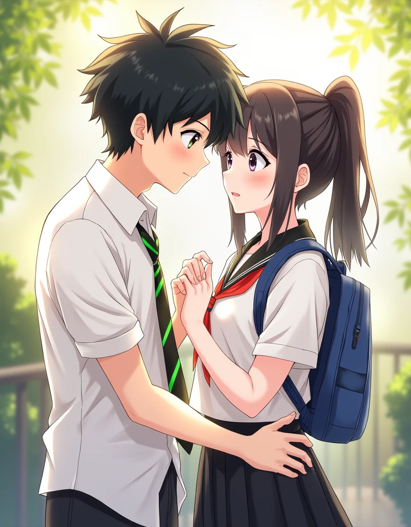 Create a anime style landscape image. Vibrant, anime-style illustration featuring two characters in a tender moment. The layout is vertical, focusing on the upper bodies of the characters. The male character, with short, tousled black hair and fair skin, is wearing a white shirt with a green and black striped tie. He is holding a female character, who has long, dark hair tied in a ponytail and fair skin, wearing a school uniform consisting of a white blouse and a black skirt. She has a blue backpack on her back. Both characters have large, expressive eyes and are blushing, suggesting a moment of affection. The background is softly blurred with warm, glowing light and hints of greenery, adding a serene and romantic atmosphere to the scene.