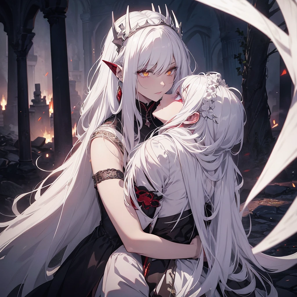 White haired demon queen, she has yellow eyes. kissing a man in a dark place full of dim light in the background several ancient castle ruins in the sky red colors, Demon Queen is on top of the male , Queen's clothes dress well placed on her body, em baixa cheio de água