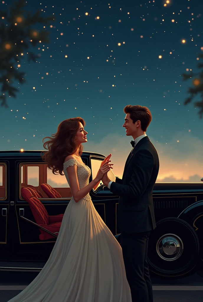 White woman with brown hair, in a ball gown next to a man in a suit. The woman points the stars to the man. The sky must be starry. They must be in a fancy old black car. Laughing they are. It takes place in a richer time, chic and old. It must be night. It takes place in 1920. They have to be inside the car