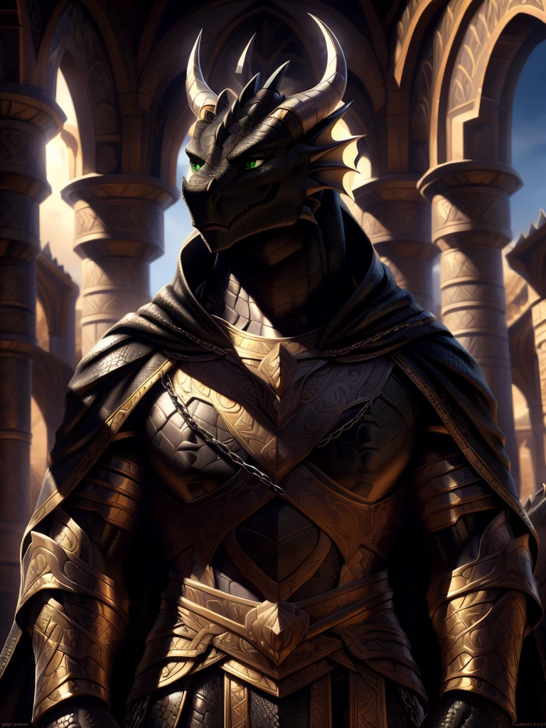 Realistic, detailed, beautiful, masterpiece, HDR, castle interior background, fantasy setting, king, ((gold armor, gold breast plate, chain mail, gold pauldrons, gold greaves, gold leg armor, wearing gold armor, black robes, black cloak, wearing black robes and cloak)) dragon, anthro, male, male body, black skin, (black scales:1.9), (two long thin horns:1.3), green eyes, detailed eyes, perfectly shaped body, confident majestic pose, finger black claws, masculine facial features, seductive gaze, neutral facial expression, black pointed ears, standing tall, out doors, daytime, close-up, portrait, face focus,
(detailed Bonifasko lighting), (detailed scales), (detailed skin), (male dragonborn), BREAK, ((long flowing tail)), ((facing viewer)), (cinematic lighting), ((detailed background)), ((portrait view)), (((close-up))), (good lighting), [backlighting], [crepuscular ray], [detailed ambient light], [gray natural lighting], [ambient light on the belly], (higher wildlife feral detail), [explict content], [sharp focus], (questionable content), (shaded), ((masterpiece)), furry dragonborn, reptilian face, furry Fantasy Art, furry Art, Commission for High Res, anthro Art, POV furry Art,Sakimichan beautiful, masterpiece, best quality, detailed image, bright colors, detailed face, perfect lighting, perfect shadows, perfect eyes, green eyes, flawless face, face focus, (masterpiece:1.21), (best quality:1.2), (illustration:1.2), (cinematic lighting:1.3), detailed scales, balanced coloring, global illumination, ray tracing, good lighting, scales, anthro, well lit 