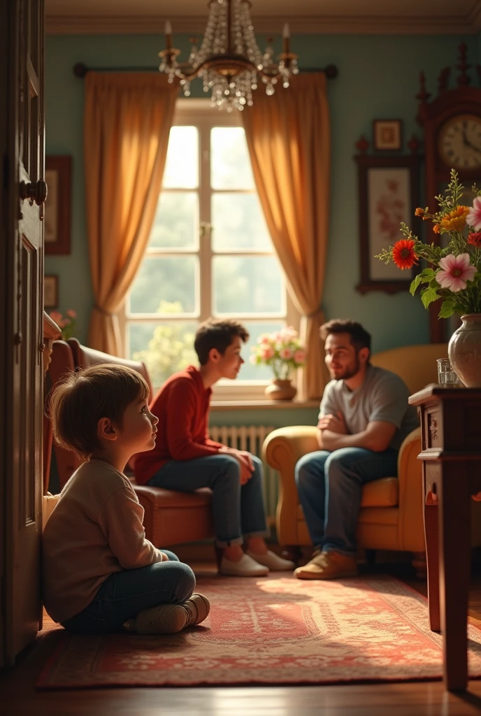 Create an image where a child is watching his parents in a cheerful conversation in a room with antique decorations.